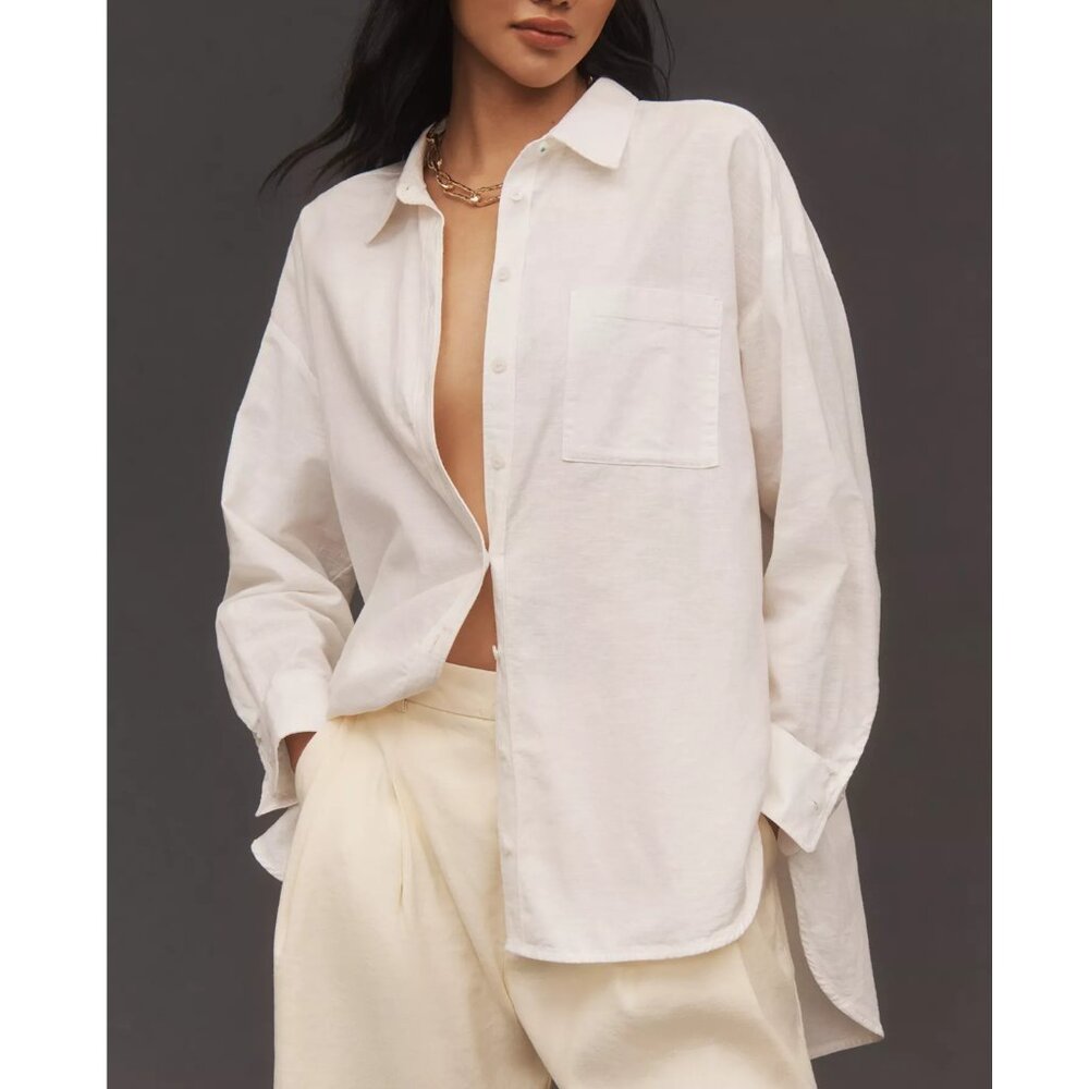Anthropologie Maeve The Bennet Buttondown Shirt Linen Edition Ivory M